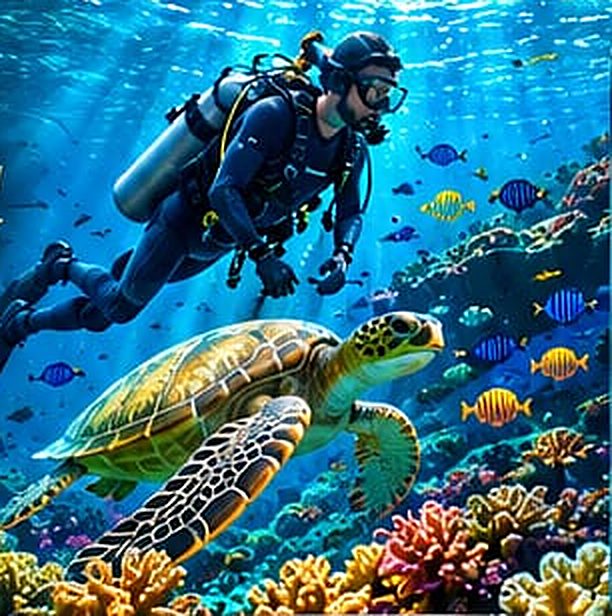 A scuba diver swimming above a sea turtle over a colourful coral reef