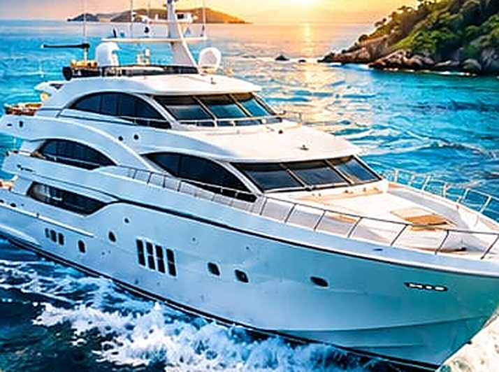 A white motor yacht cutting through blue water beside green islands at sunset
